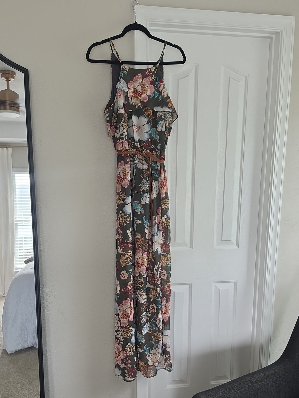 Floral Maxi Dress in Olive Green with Pink Blooms